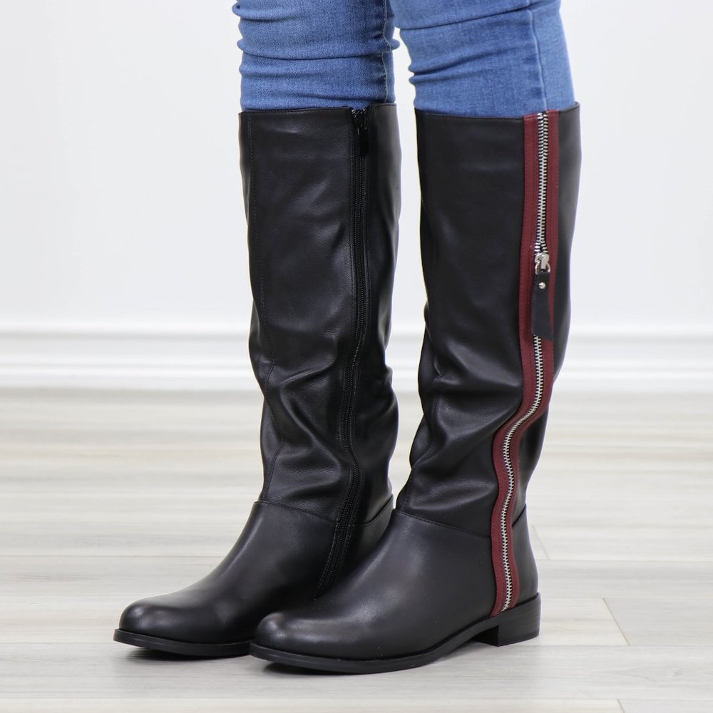 Black Below Knee Rider Boots Light Faux Fur Inside - Picture 3 of 12